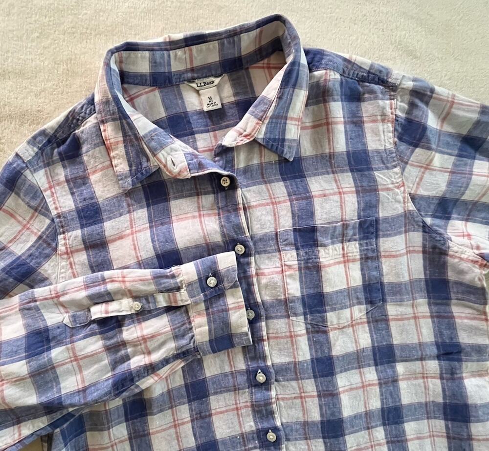 LL Bean Pastel Plaid Coastal Casual 100% Linen Shirt Womens Medium EUC